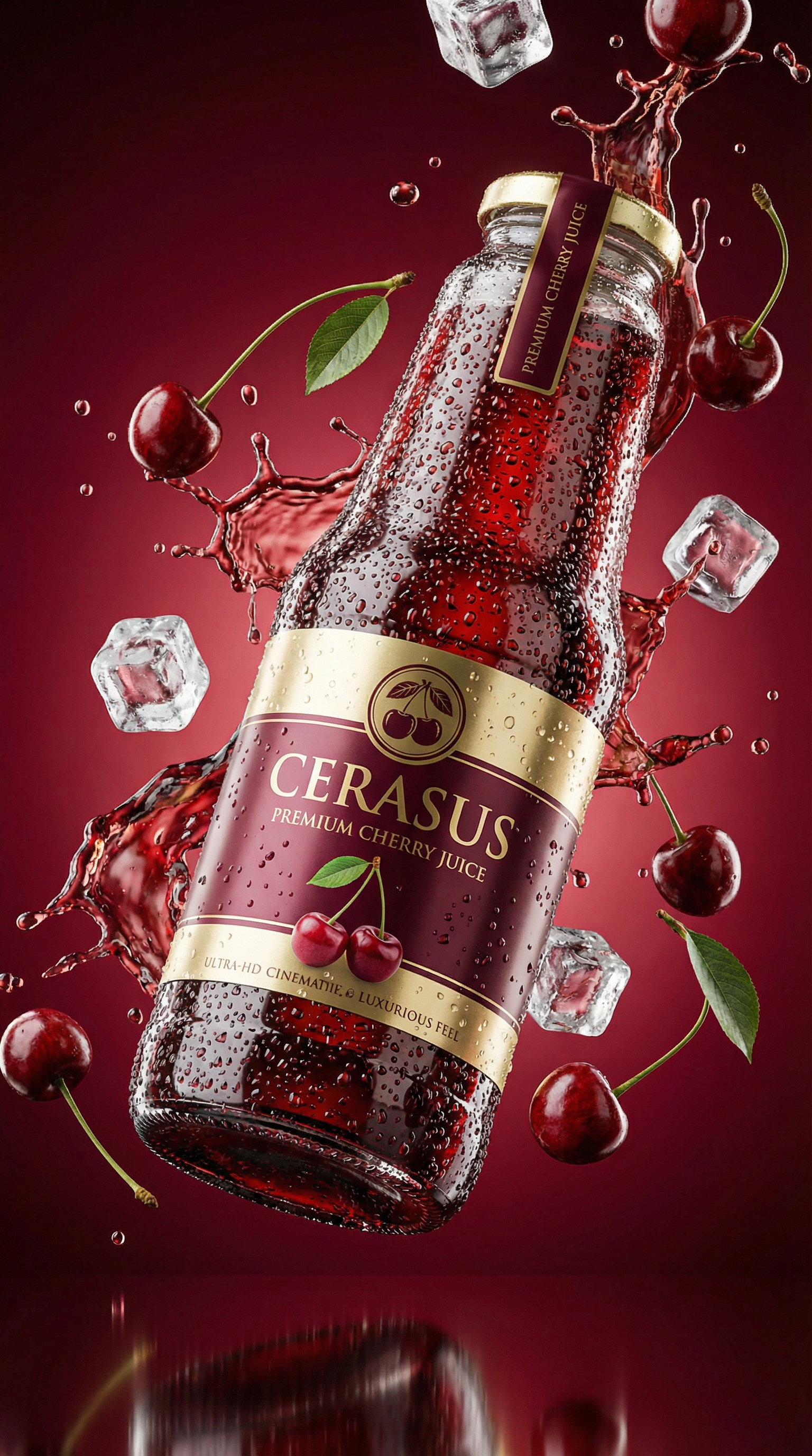 Ultra-realistic 3D commercial product shot of premium cherry juice bottle with condensation droplets, splashing juice, cherries and ice cubes against deep red gradient background