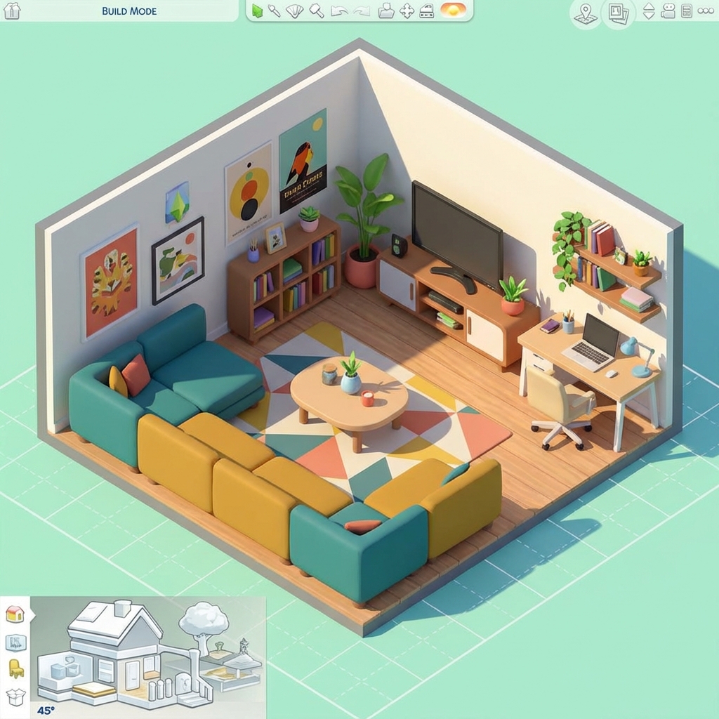 Sims 4 inspired isometric view of modern living space with 45-degree top-down perspective, stylized clean furniture, vibrant colors, bright cheerful lighting and smooth simplified textures
