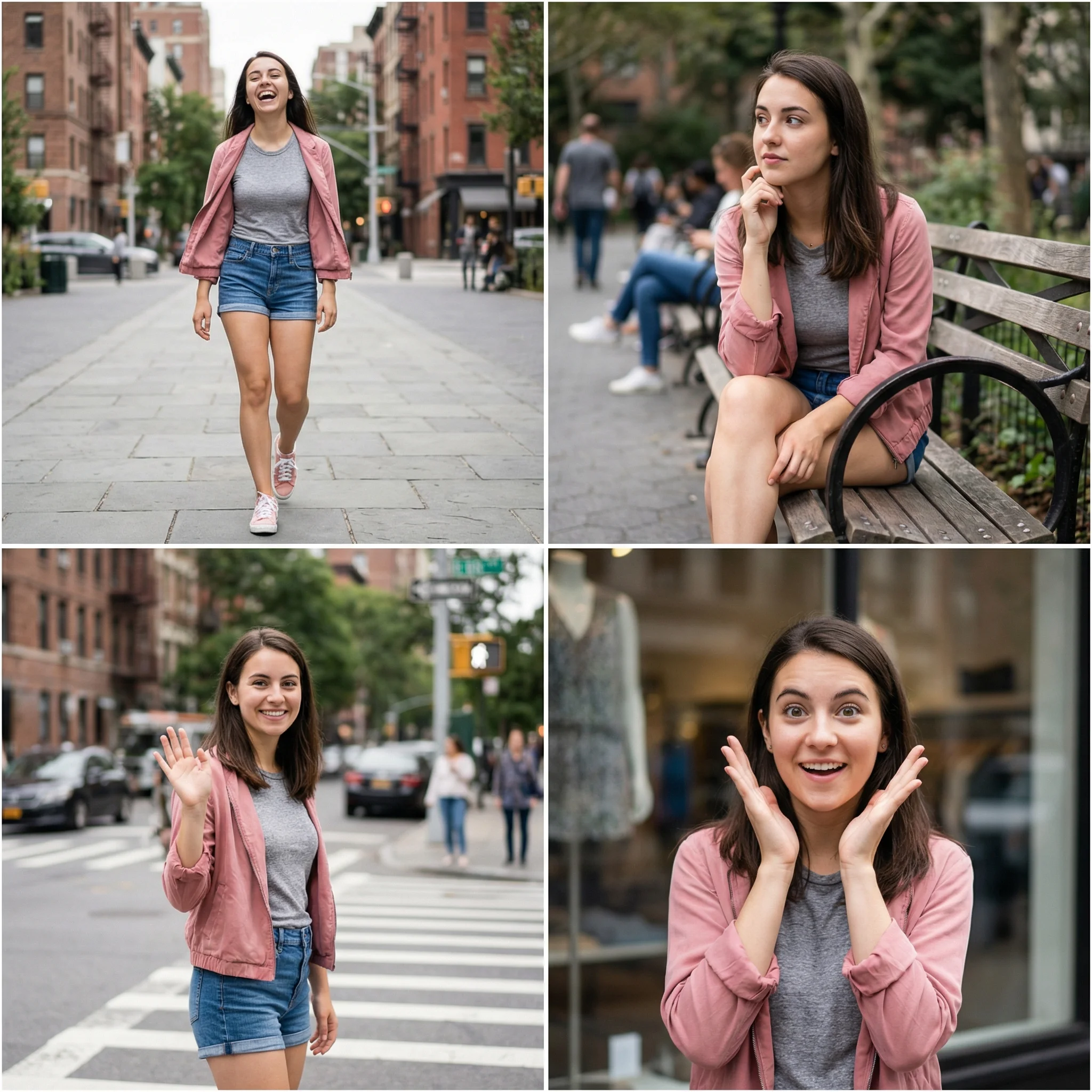 Four-grid collage of street style photographs showing young woman in casual outfit in various poses - laughing mid-stride, sitting thoughtfully, waving friendly, surprised expression