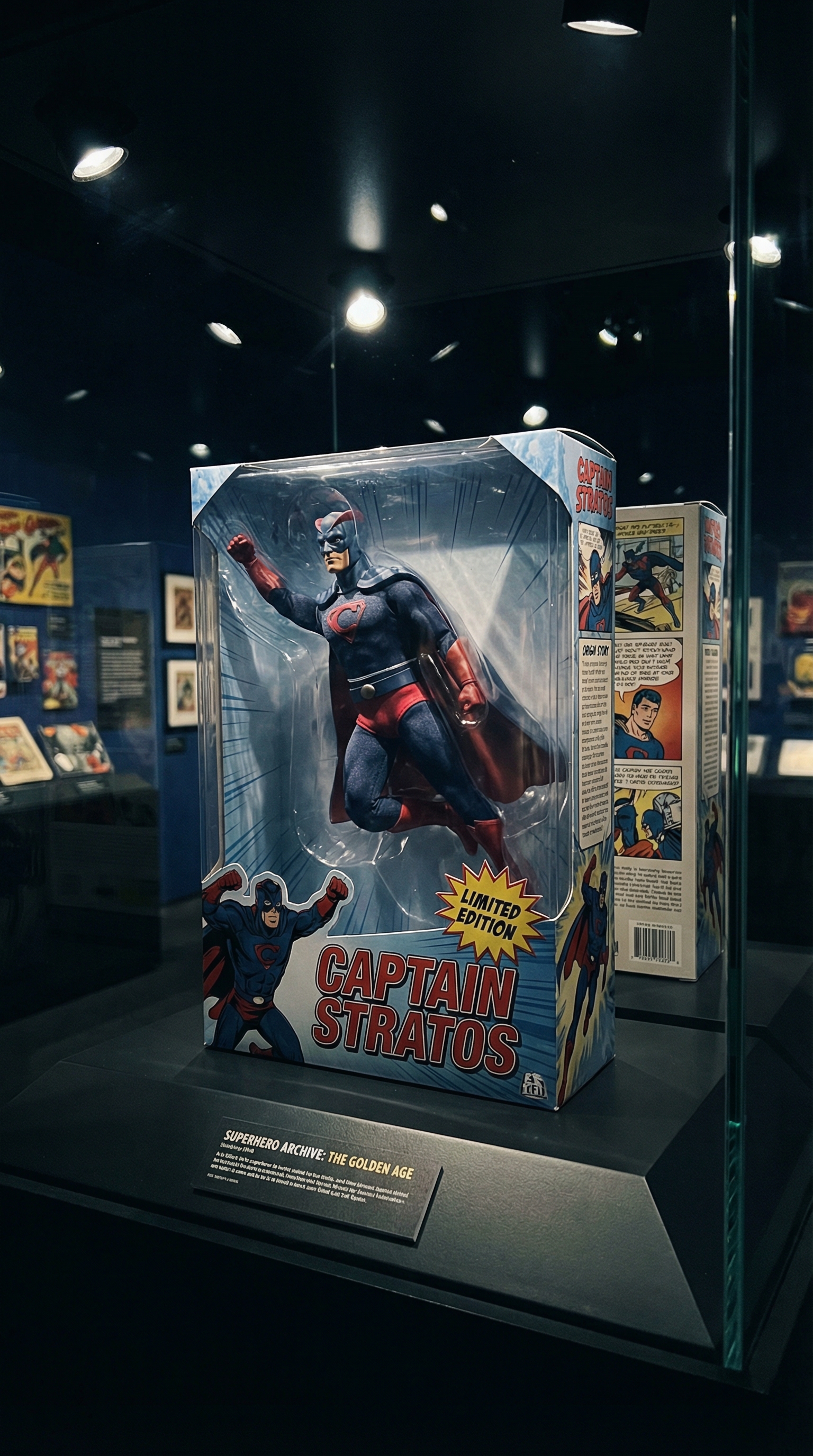 Superhero action figure with cape and mask in dynamic flying pose, displayed in custom comic book style packaging with origin story and LIMITED EDITION labels, showcased in dramatic museum lighting case