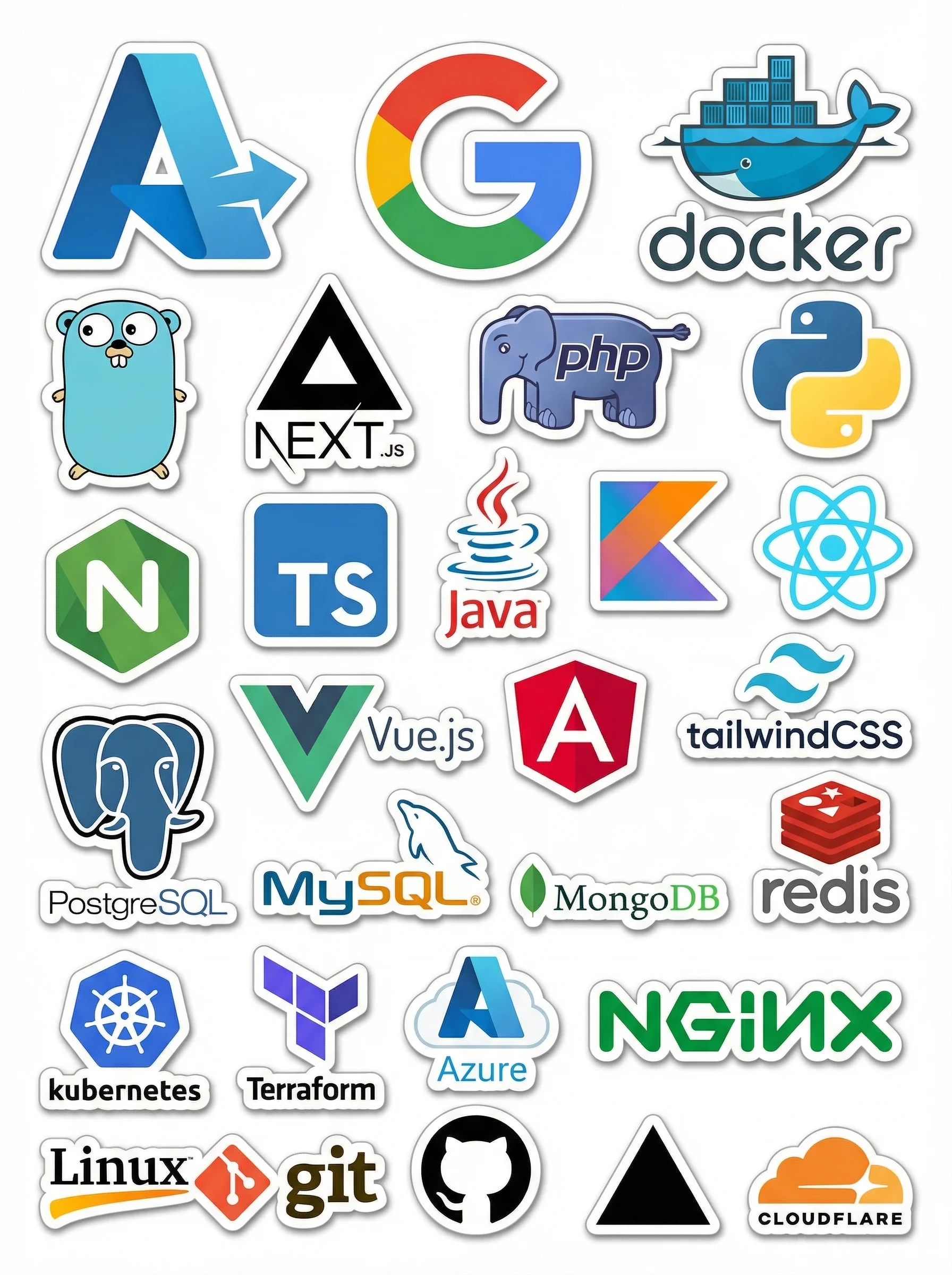 Clean 2D vector sticker sheet with 28 tech company logos arranged in balanced collage layout with white borders and drop shadows on pure white background