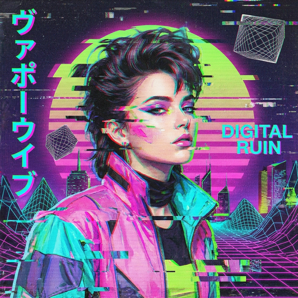 Vaporwave aesthetic portrait with heavy glitch art effects scanlines and retro-futuristic color palette of neon pink cyan and lime green, 90s digital artifacts, distorted geometric shapes, nostalgic technological decay, high-energy vibrant and surreal