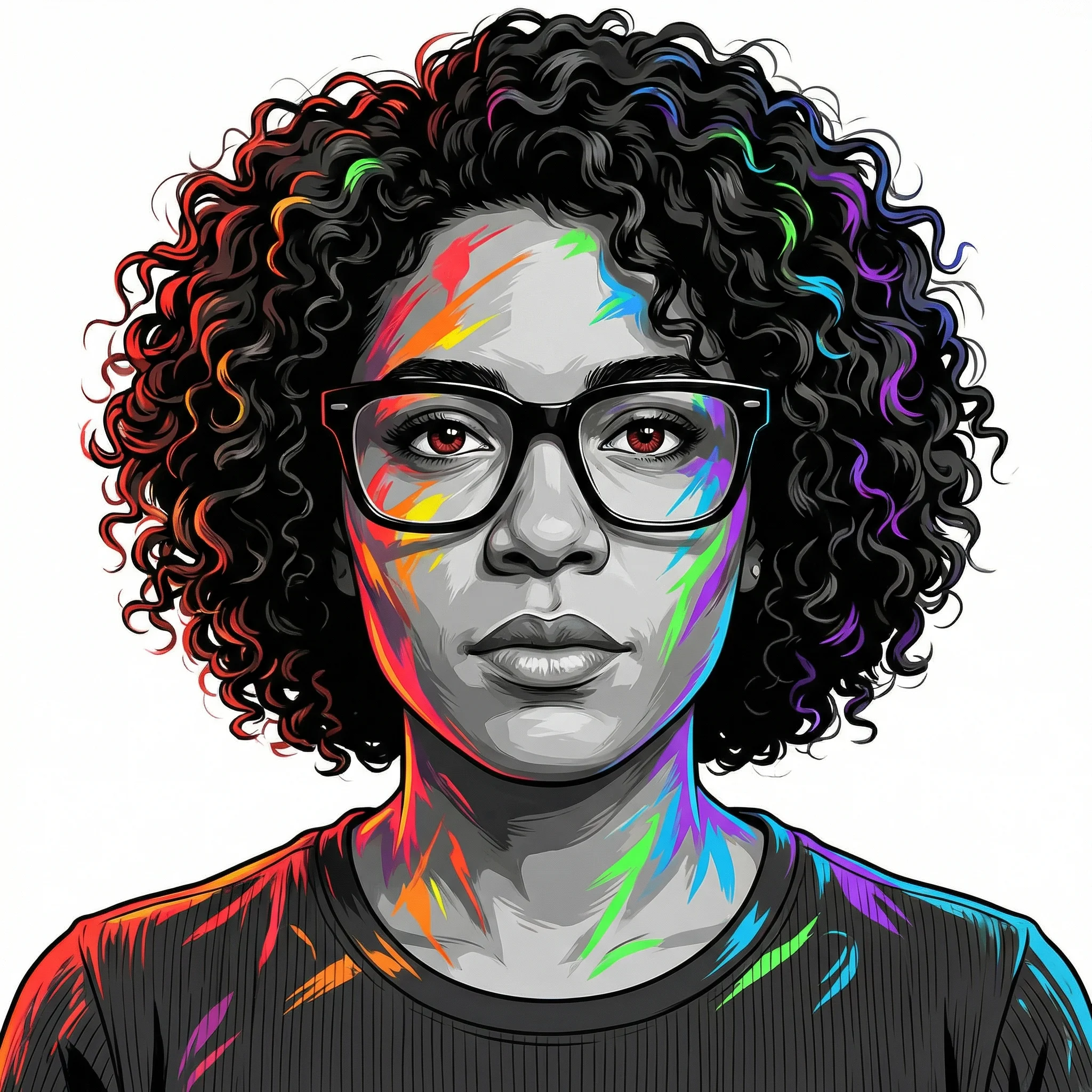 Highly detailed digital illustration portrait with dark curly hair and black glasses, vibrant multi-colored light splashes on grayscale skin creating graphic novel aesthetic