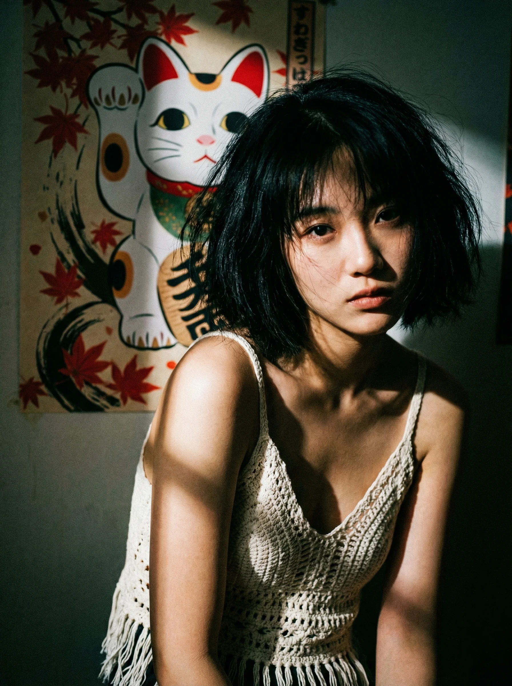 Vintage cinematic close-up of Asian woman with short wavy hair in ivory crochet top, dramatic harsh lighting with artistic shadows, Japanese poster background with Maneki-neko