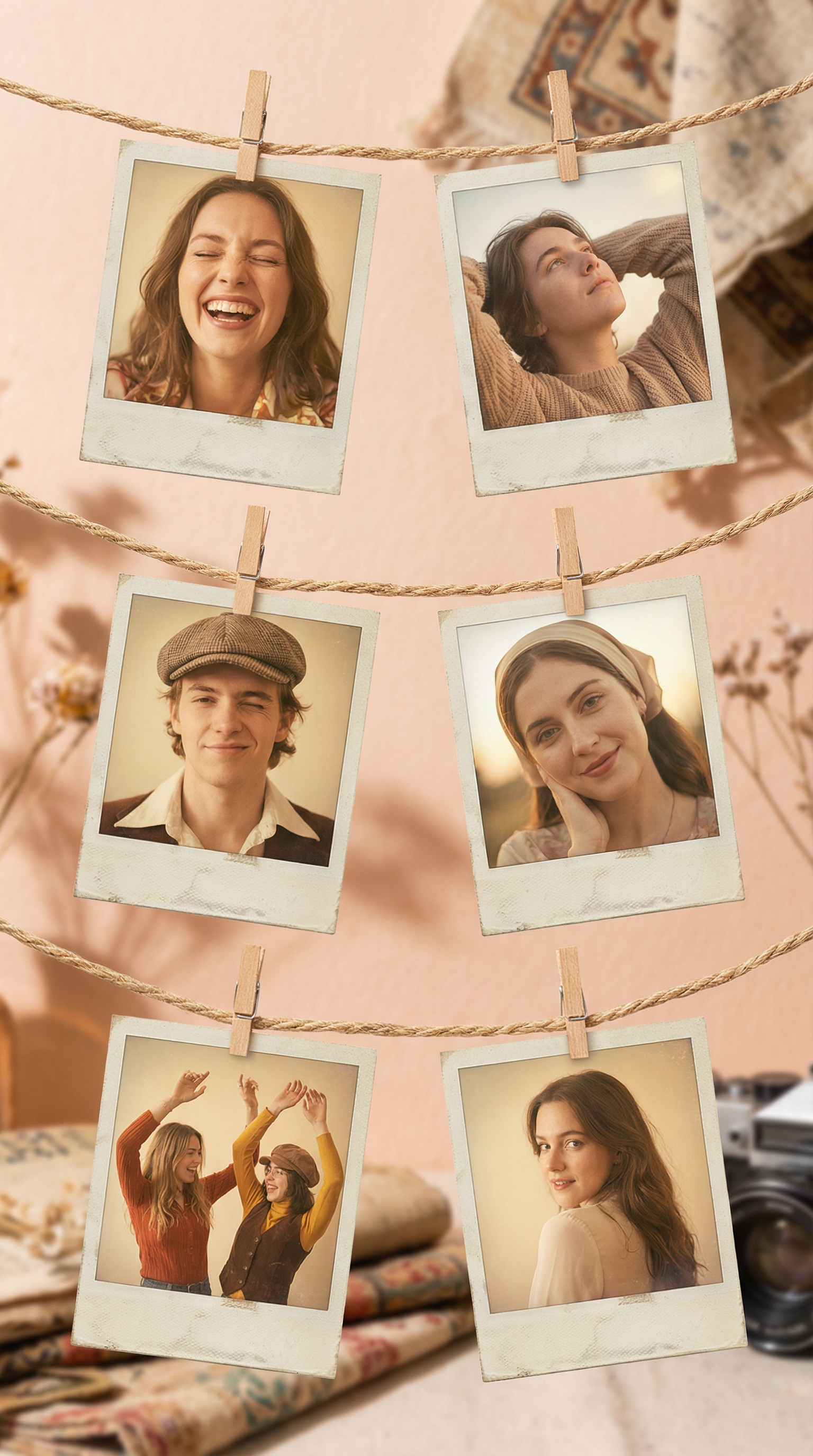 Artistic collage of 6 vintage Polaroid photos with fading and old paper effect, attached with decorative rope and mini clothespins on soft pastel wall background, featuring various expressions including laughter, dreamy gaze, playful wink, calm smile, dynamic gesture, and romantic glance