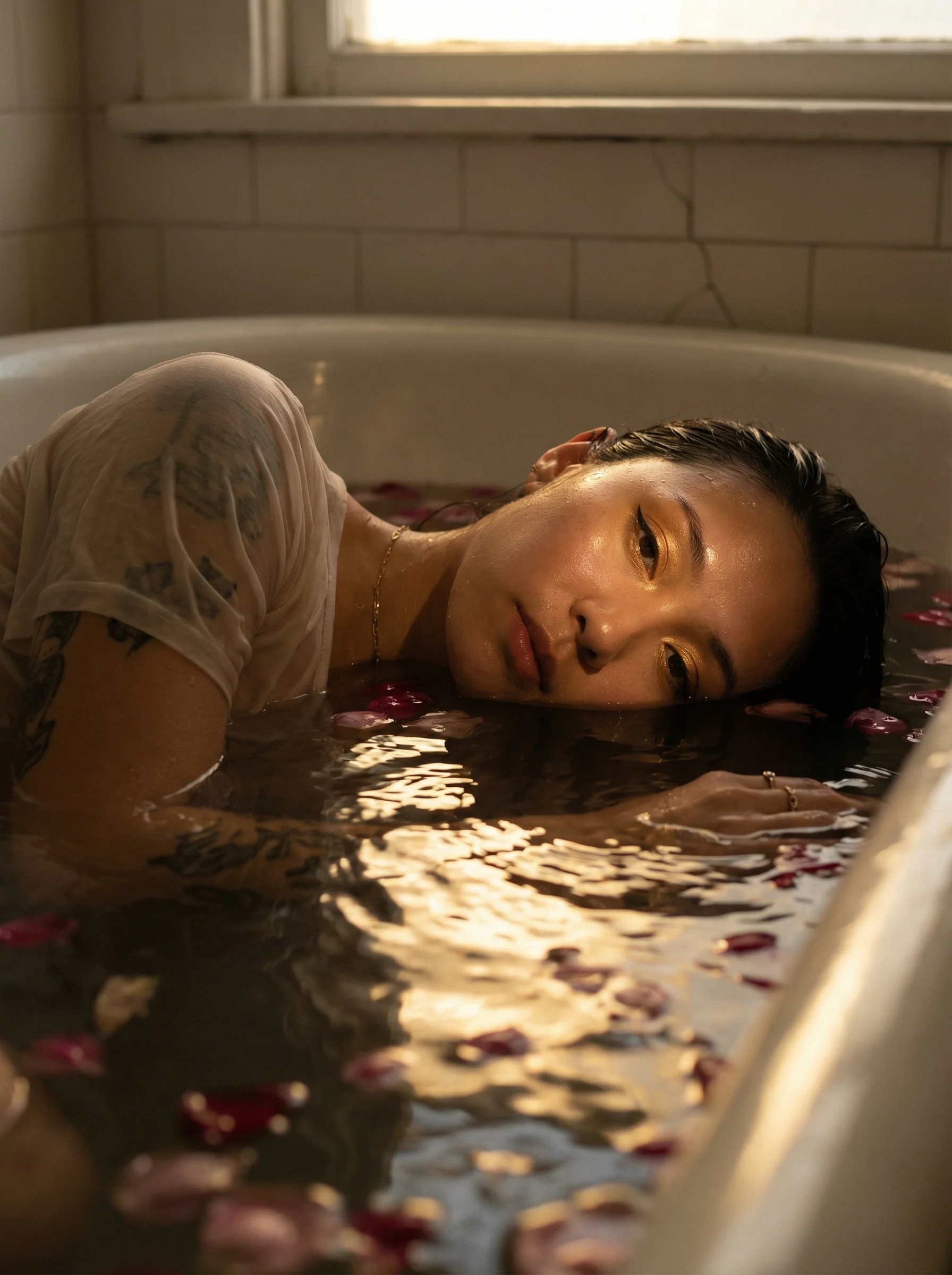 Hyper-realistic cinematic water reflection portrait of subject reclining in antique bathtub with translucent fabric, dark petals floating, soft golden lighting creating intimate serene mood