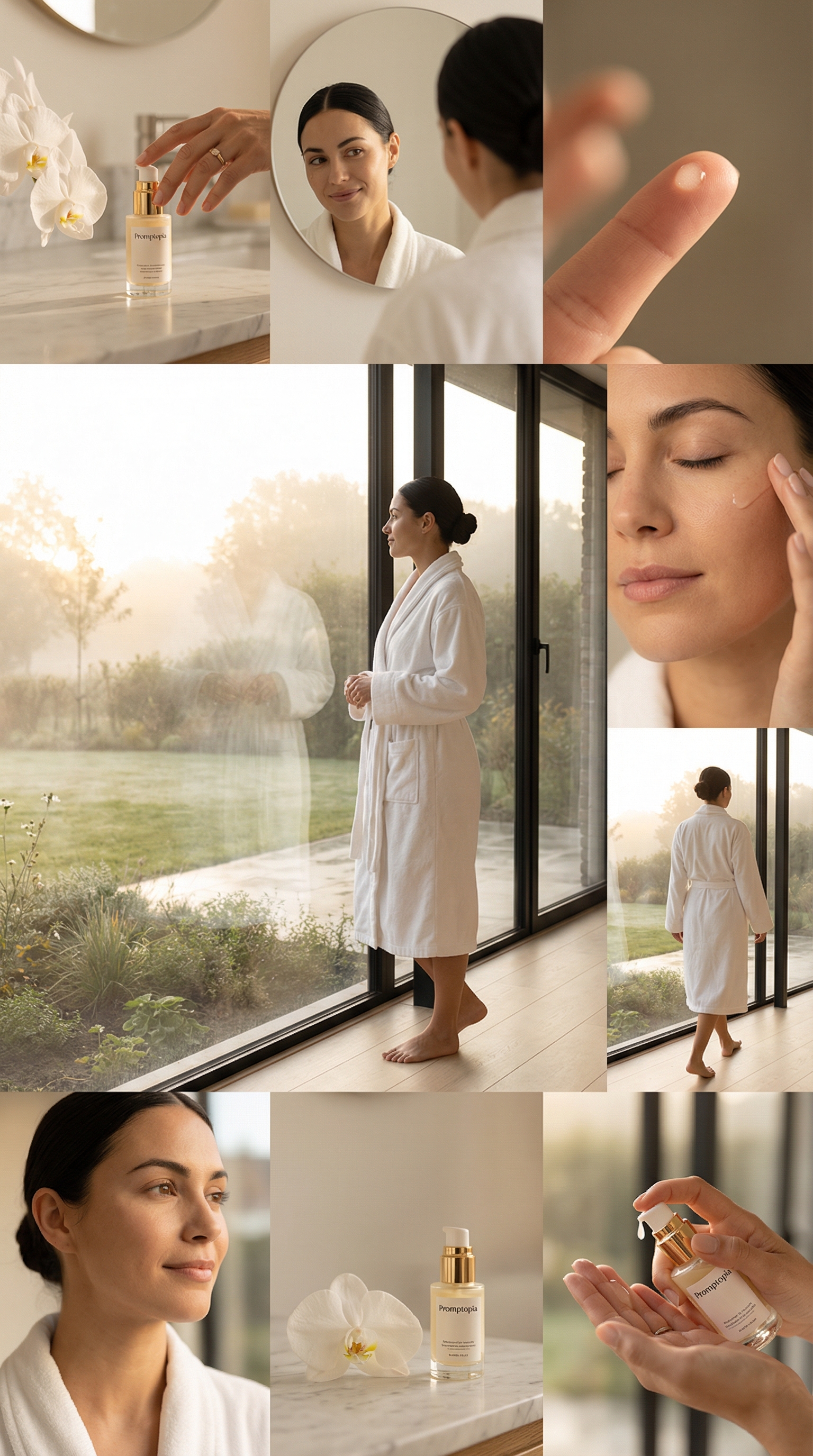 Cinematic photography collage of woman in white robe applying serum in luxurious marble bathroom with golden hour lighting, featuring multiple shots from wide to macro