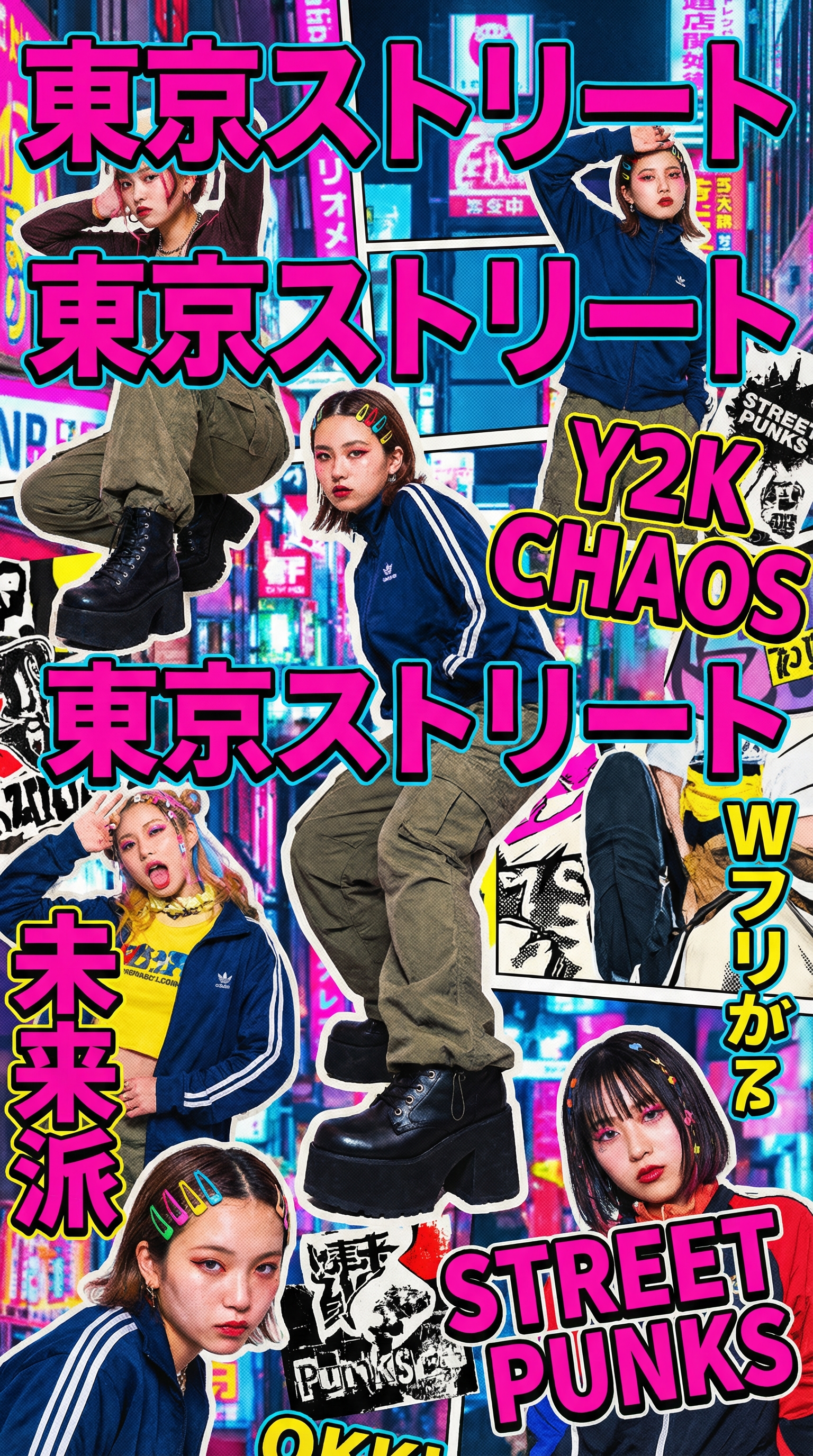 Retro Y2K magazine poster collage with street fashion characters, bold Japanese and English text, high-saturation colors, dense layout with comic and punk style Tokyo street culture atmosphere
