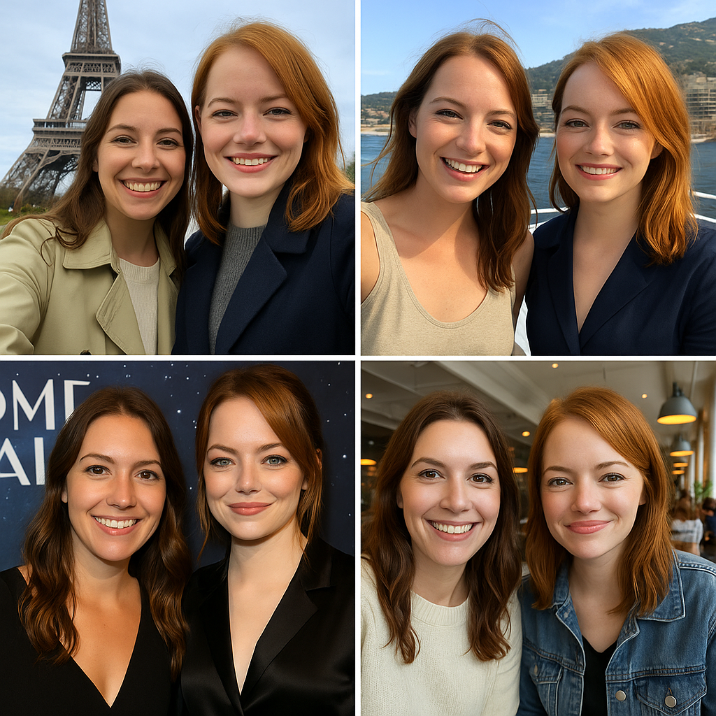 FiltrixAI celebrity selfie generator - Multiple scenarios with Emma Stone created by AI