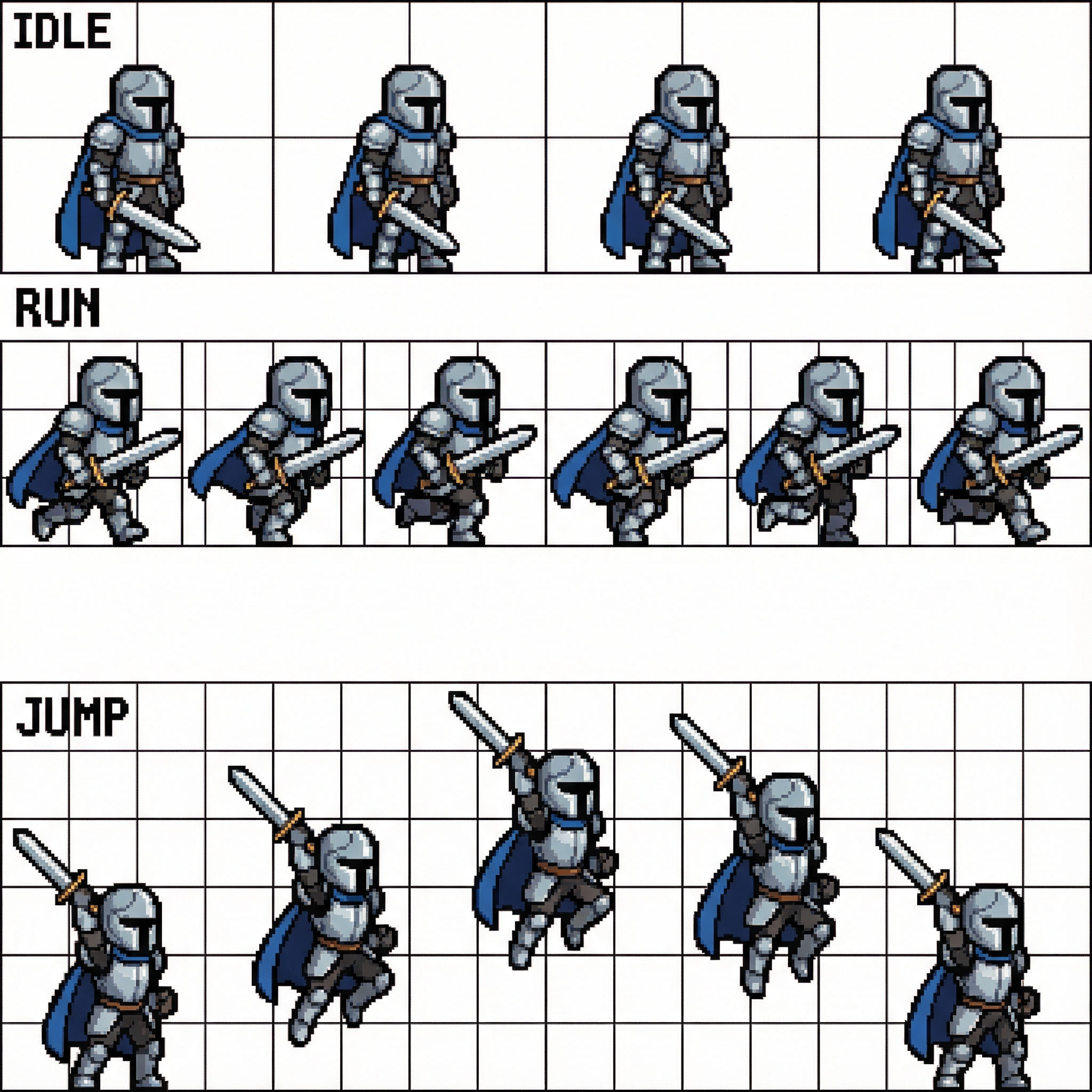 Knight character sprite sheet animation with idle, run, and jump sequences in pixel art style