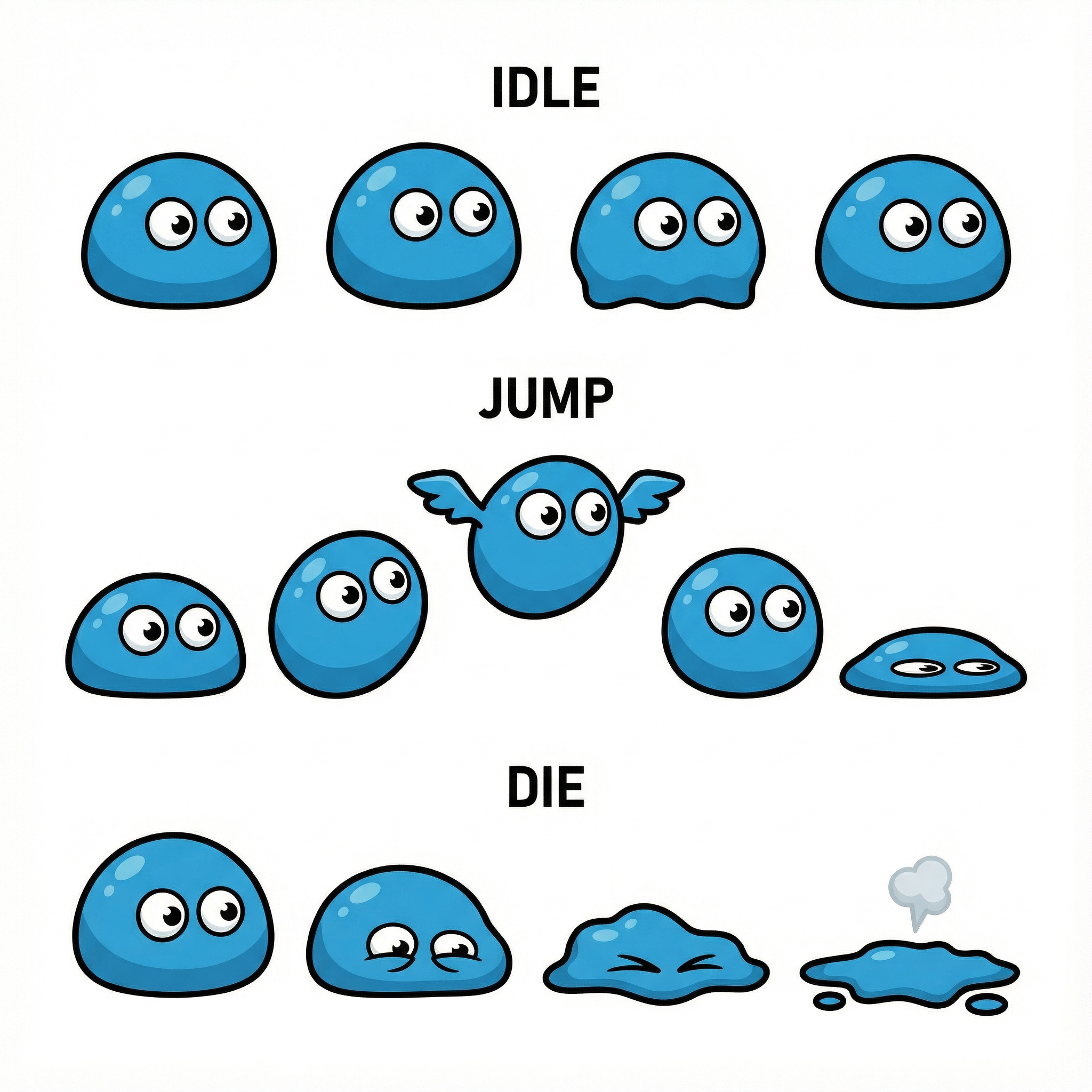 Cute blue slime character sprite animations including idle, jump, and death frames for game development