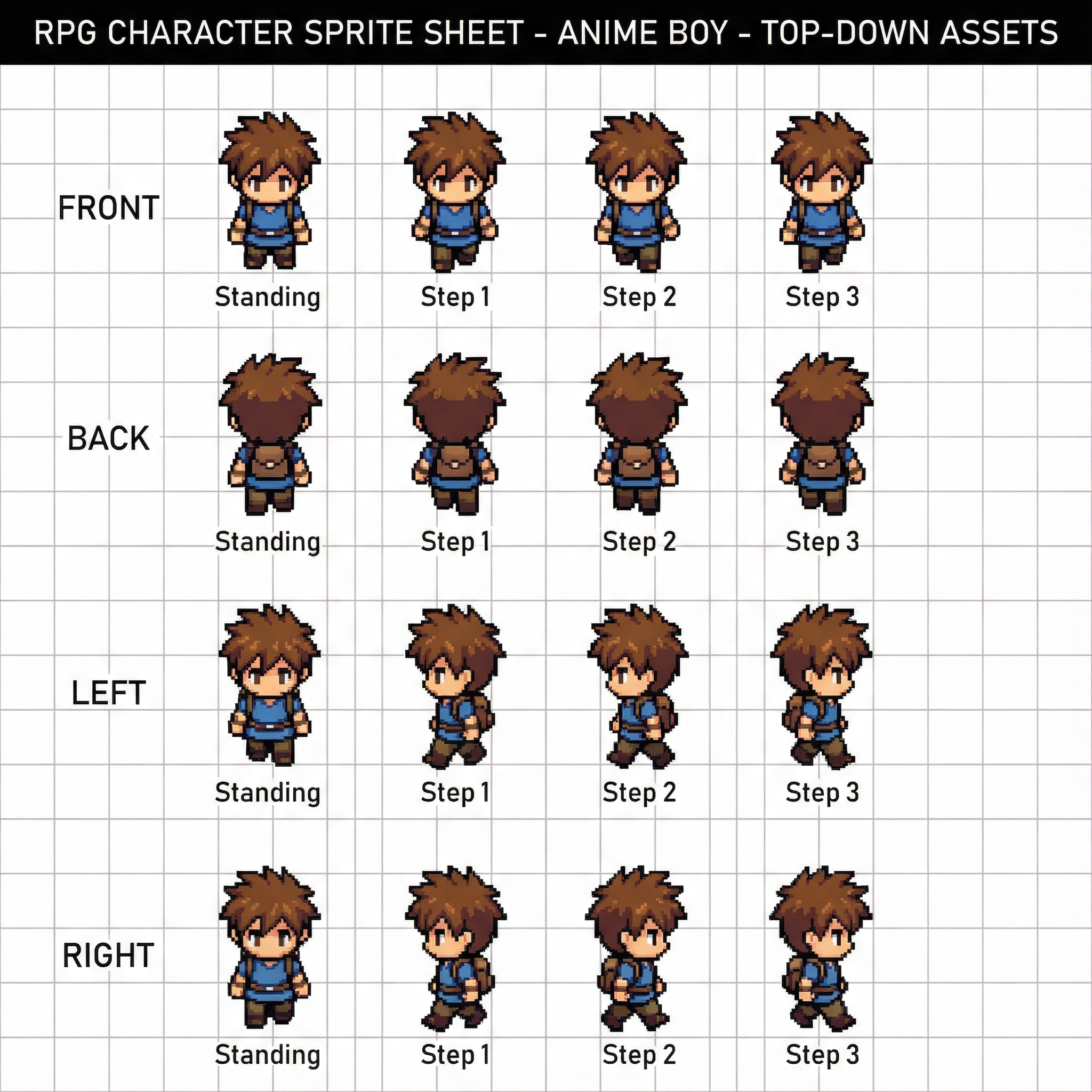 RPG character sprite sheet with 4-directional walking animations, front, back, left, and right views for top-down games